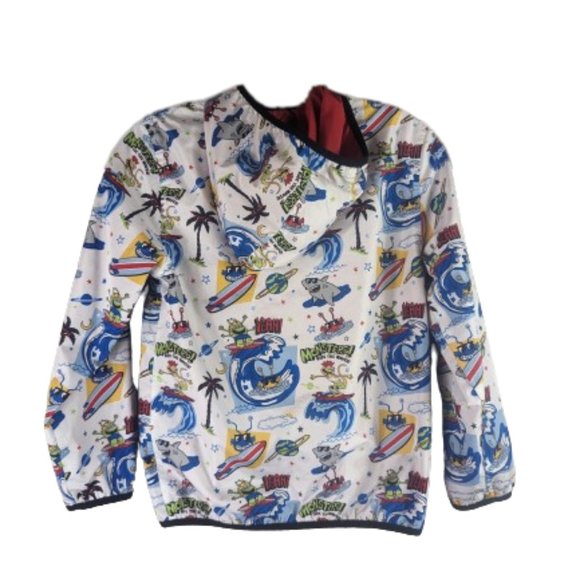 365 Kids Monster Shark Surfing Reversible Hooded Red Light Rain/Wind Jacket - Picture 2 of 12